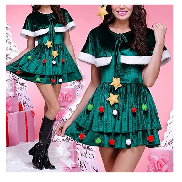 Christmas Tree Mini dress with cape and ornaments - NEW! - Picture 4 of 9